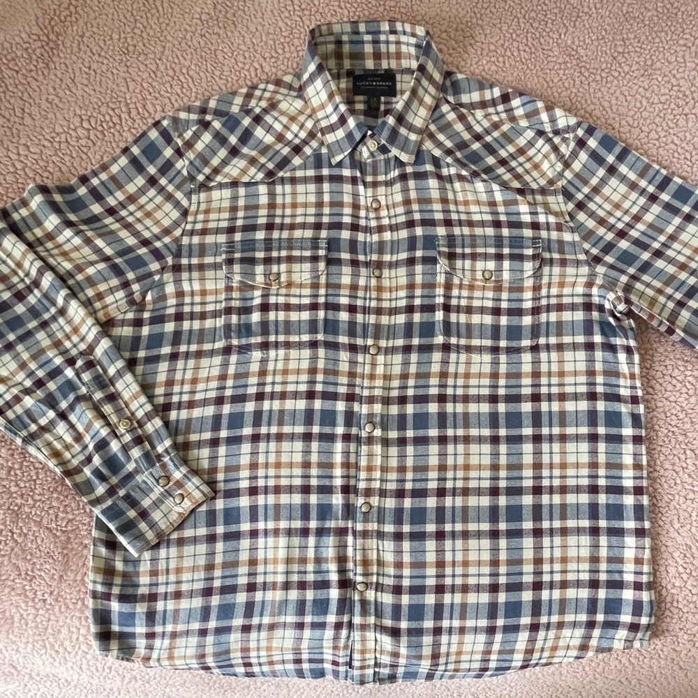Lucky Brand Men’s L/G Blue Burg Gold Plaid Stretch Flannel Shirt Lightweight